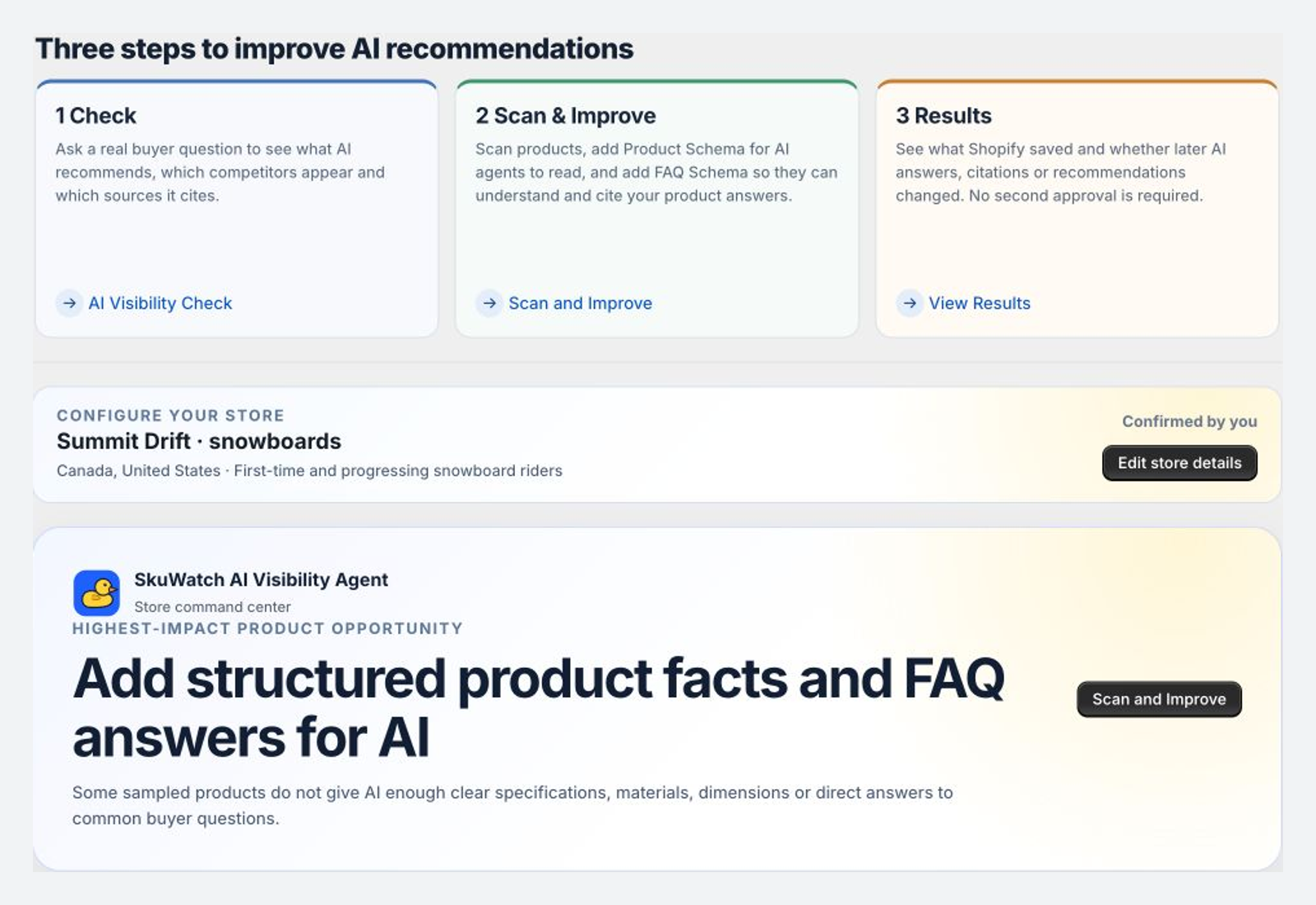 SkuWatch Home showing store configuration and priority actions