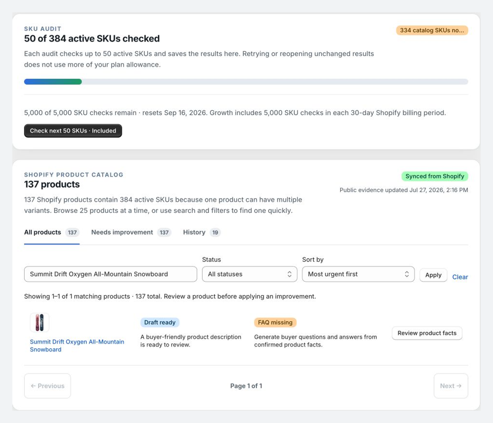 SKU Audit showing catalog progress and product gaps