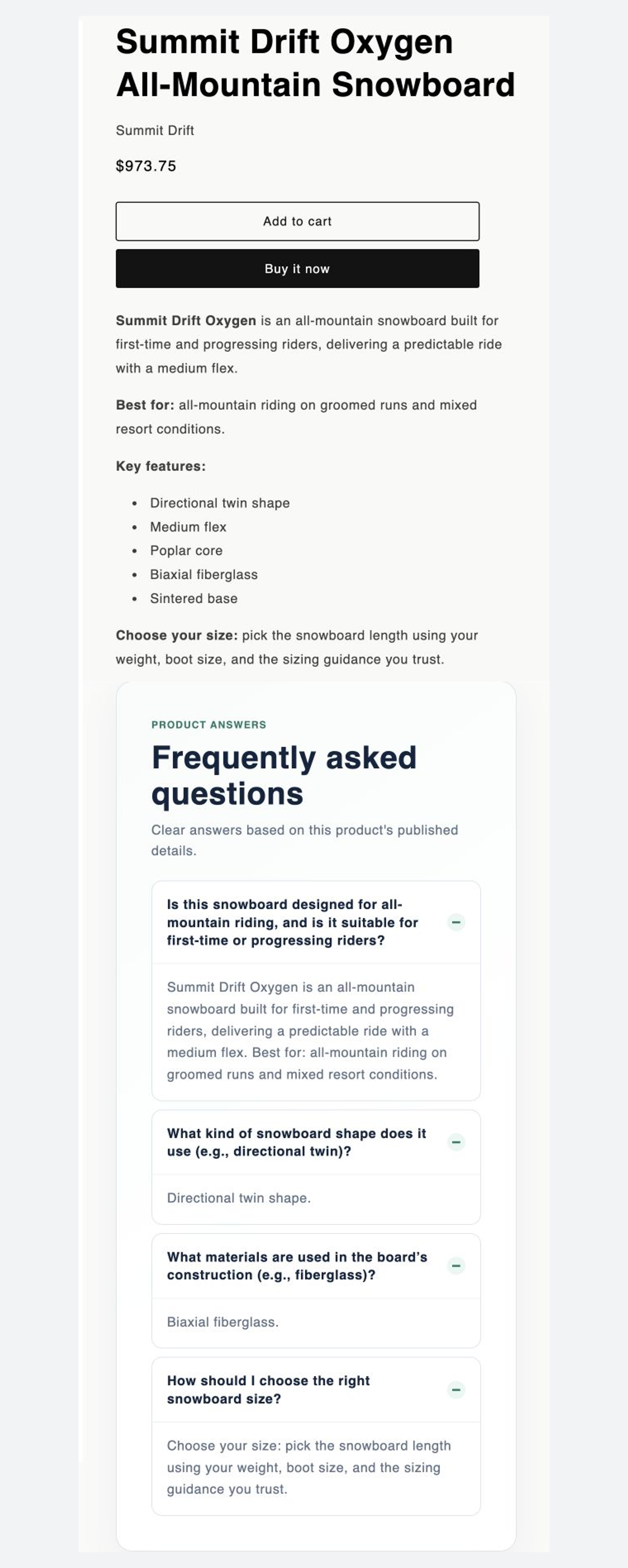 Buyer FAQ on the live Shopify product page